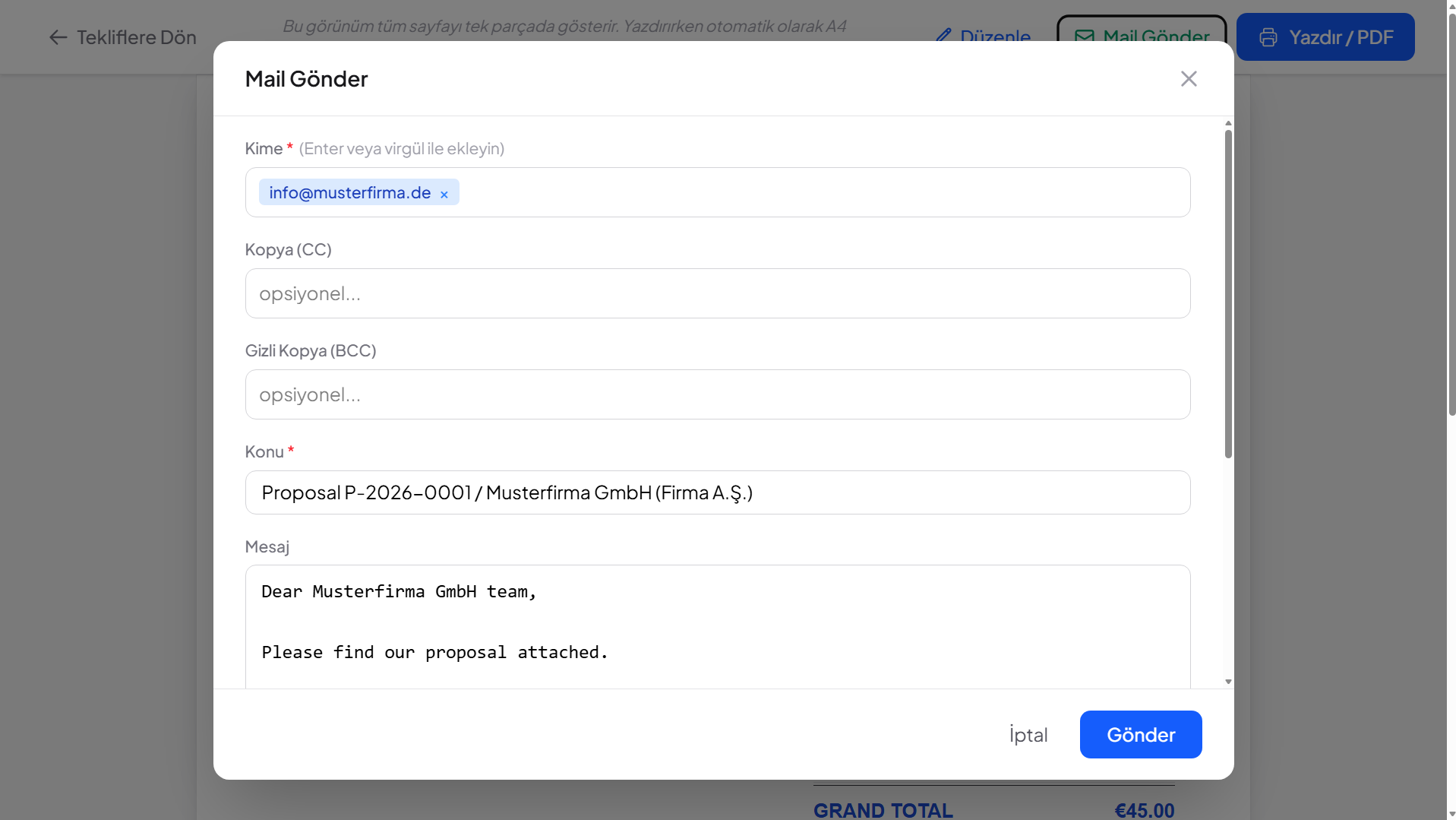 Mail gönderme ekranı